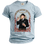 Light blue t-shirt with Mob Boss graphic featuring a man in a suit, cigar, and drink.