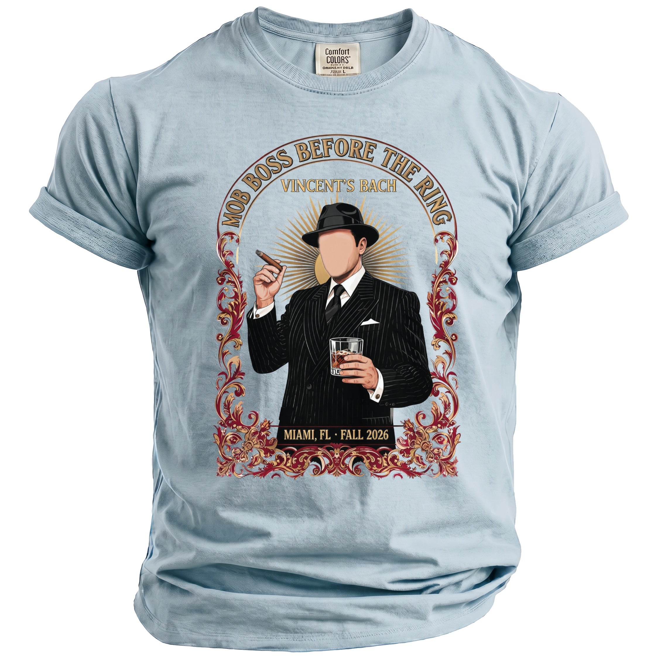 Light blue t-shirt with Mob Boss graphic featuring a man in a suit, cigar, and drink.