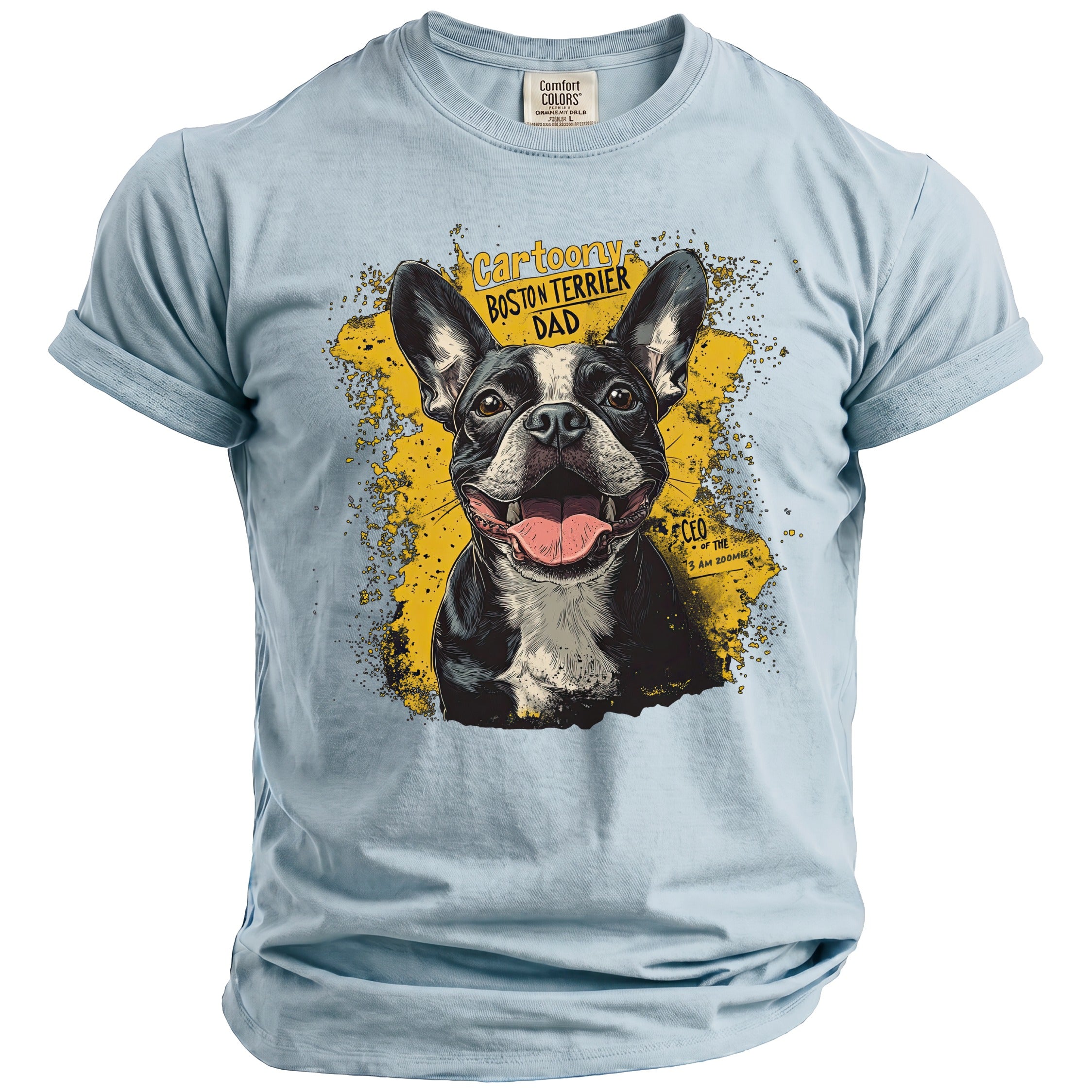 Light blue t-shirt with cartoon Boston Terrier and text "Cartoony Boston Terrier Dad".