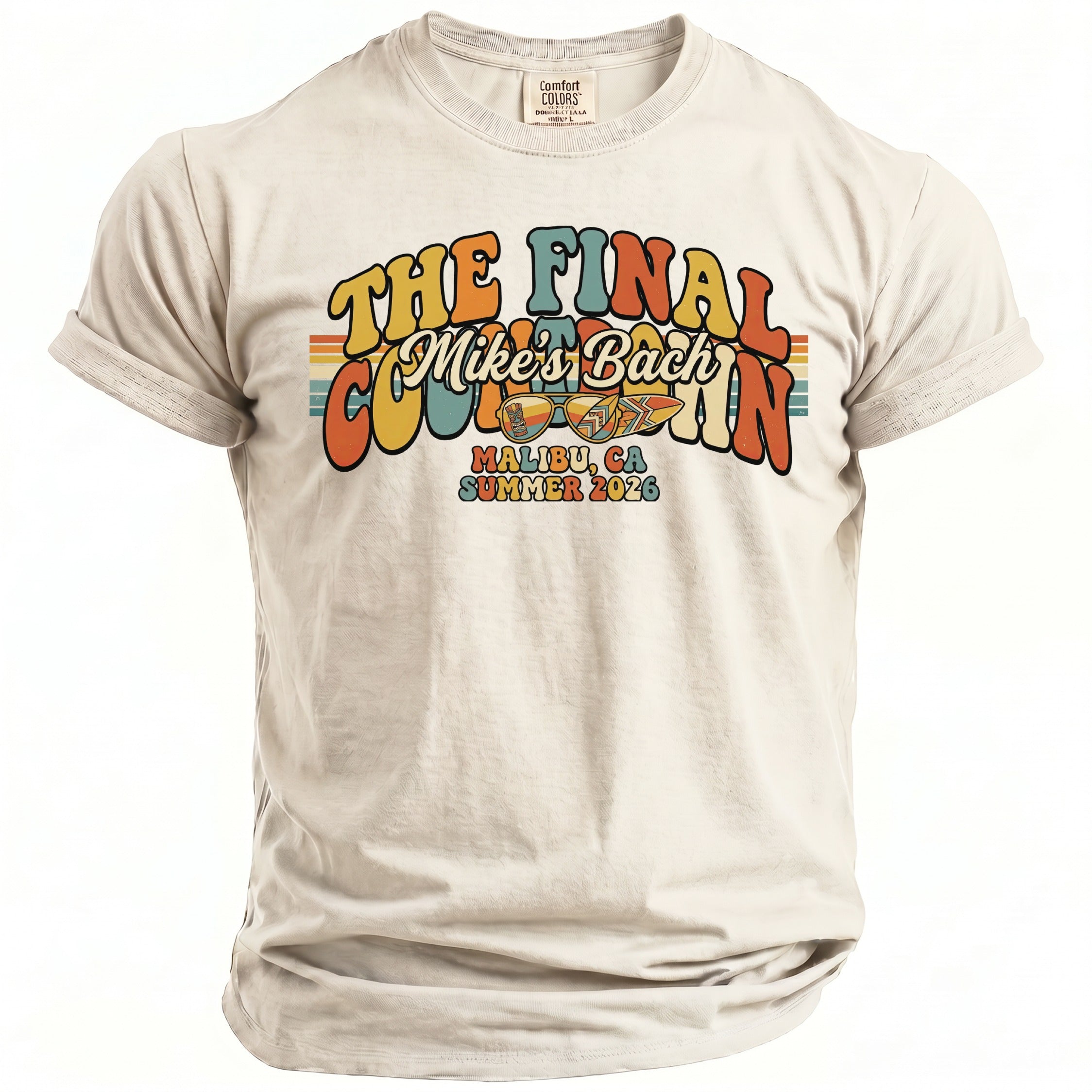 Shirt with "The Final Countdown Mike's Bach" text, sunglasses, and surfboard graphic.