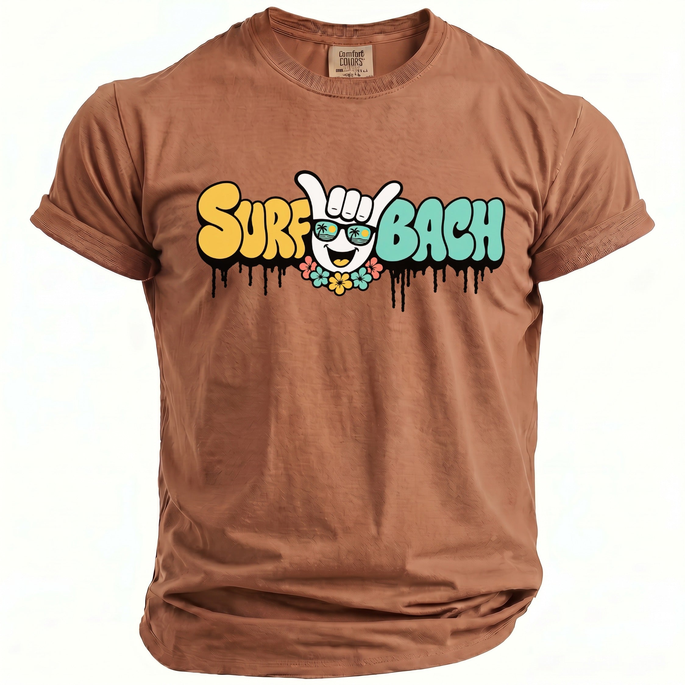 Brown t-shirt with "Surf Bach" text, shaka hand, and sunglasses graphic.