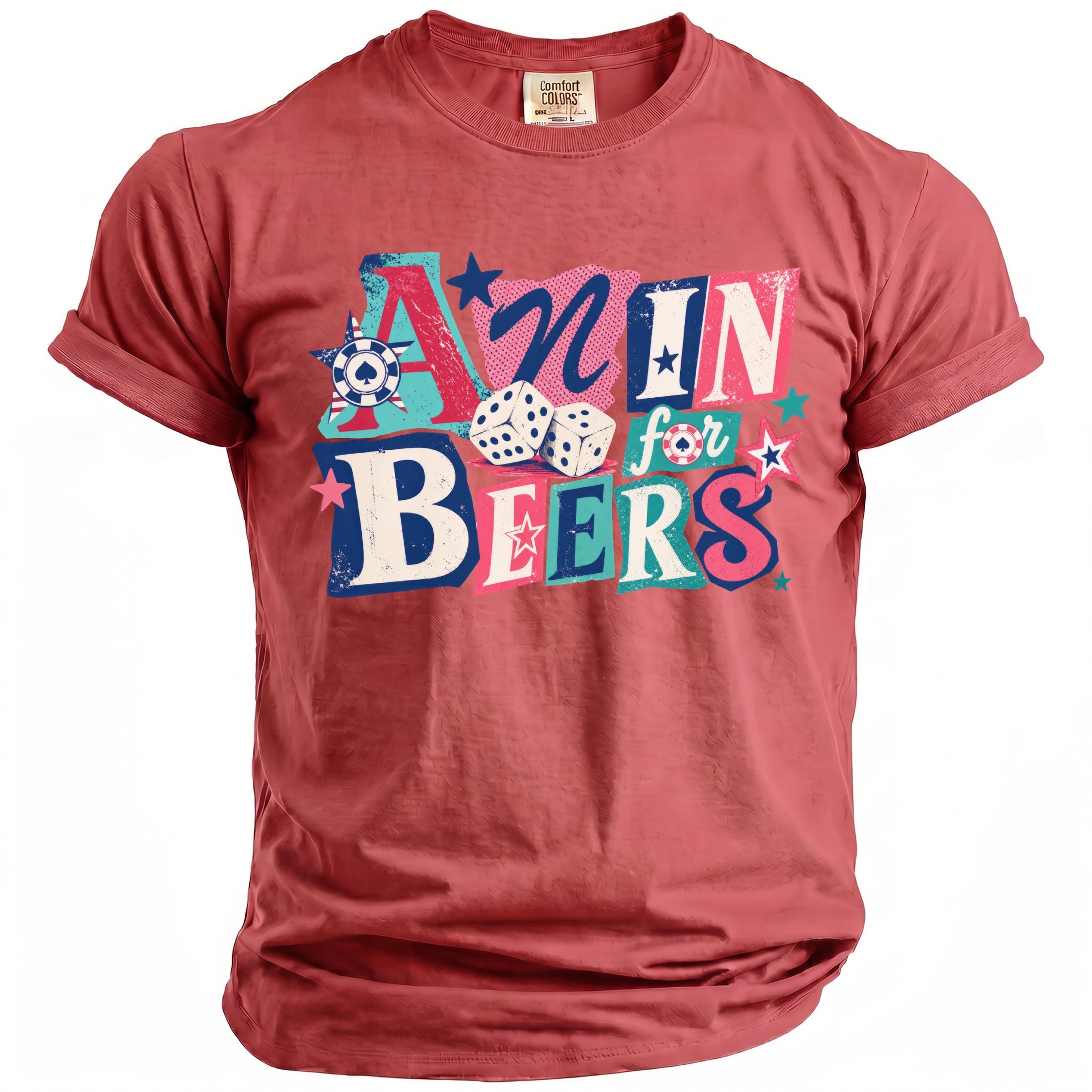 Red t-shirt with "A night for beers" text, dice, and casino chip graphic.