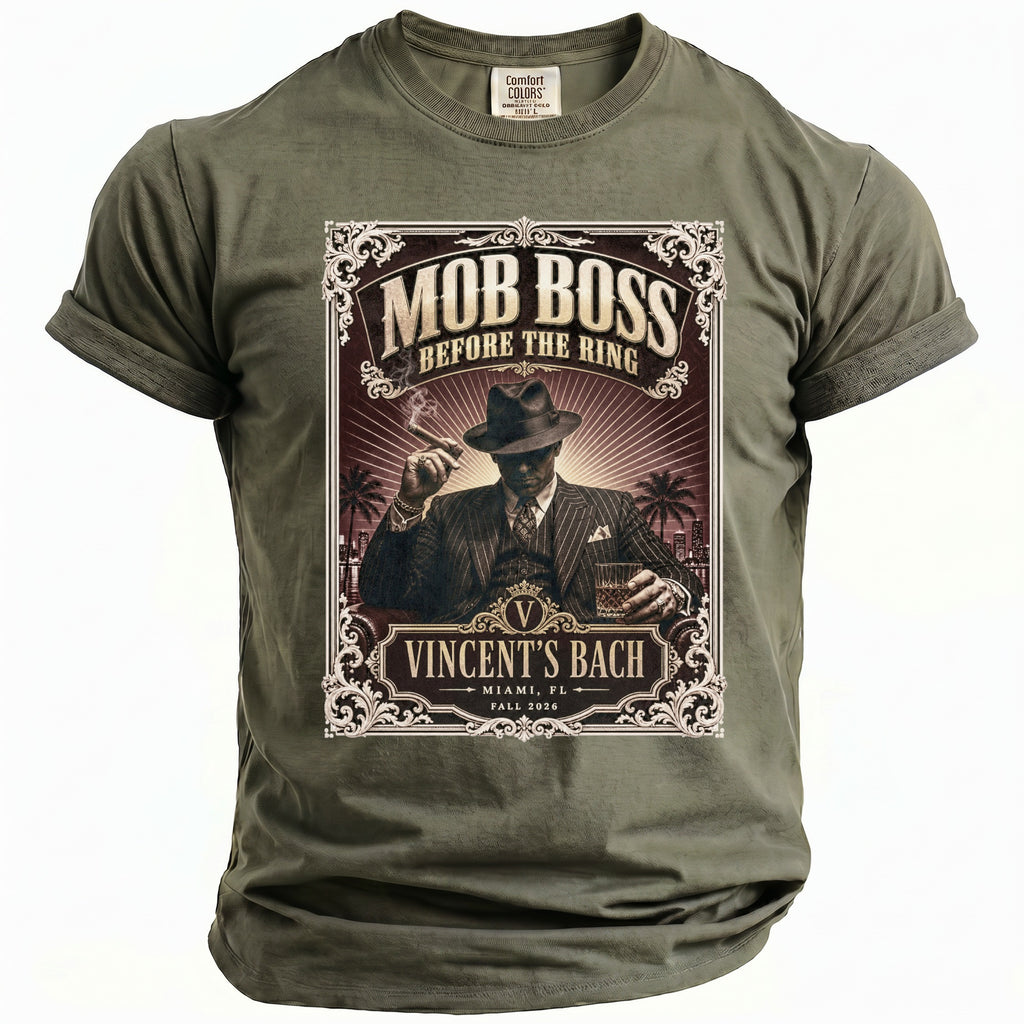 Olive green t-shirt with "Mob Boss Before the Ring" graphic featuring a man smoking.