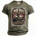 Olive green t-shirt with "Mob Boss Before the Ring" graphic featuring a man smoking.