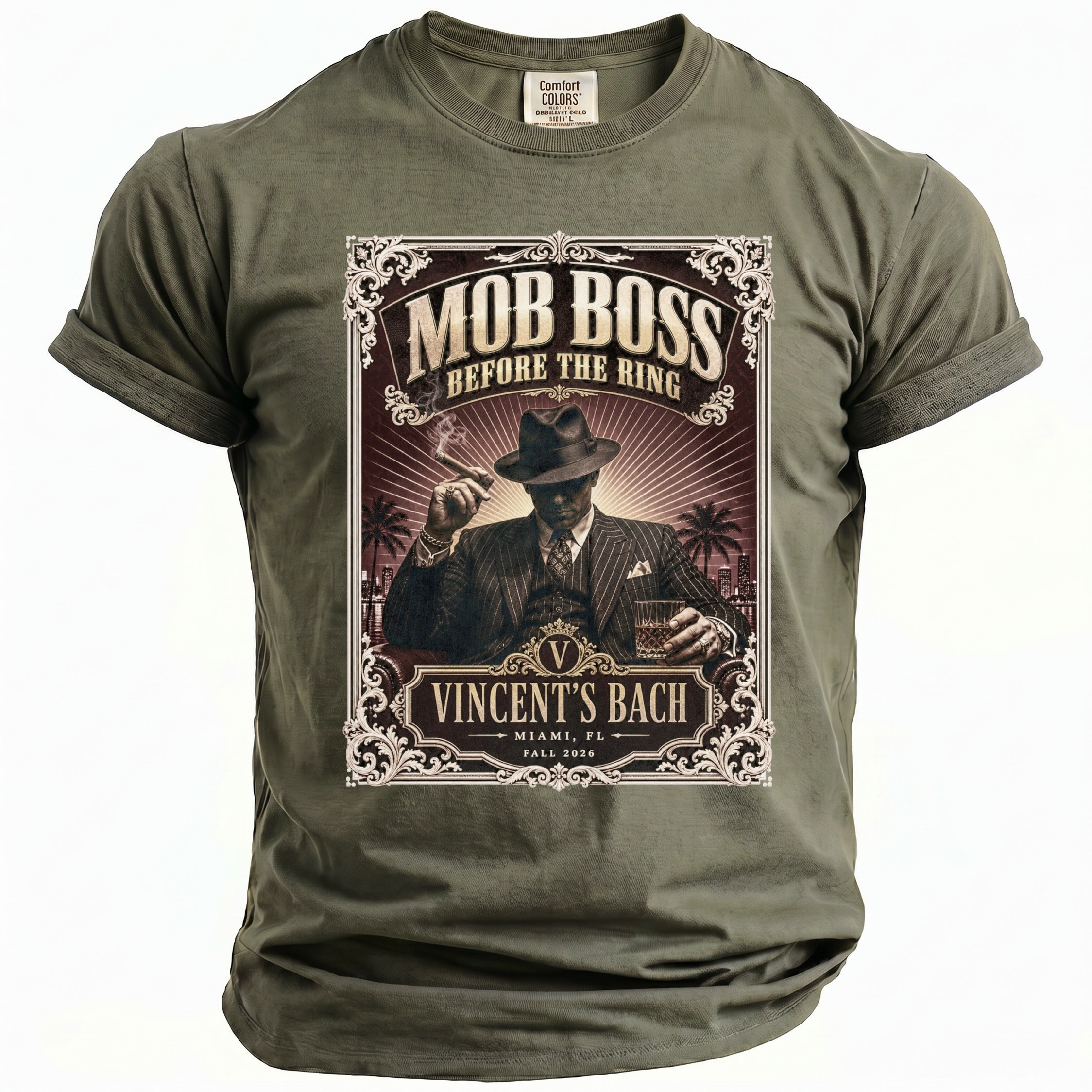 Olive green t-shirt with "Mob Boss Before the Ring" graphic featuring a man smoking.