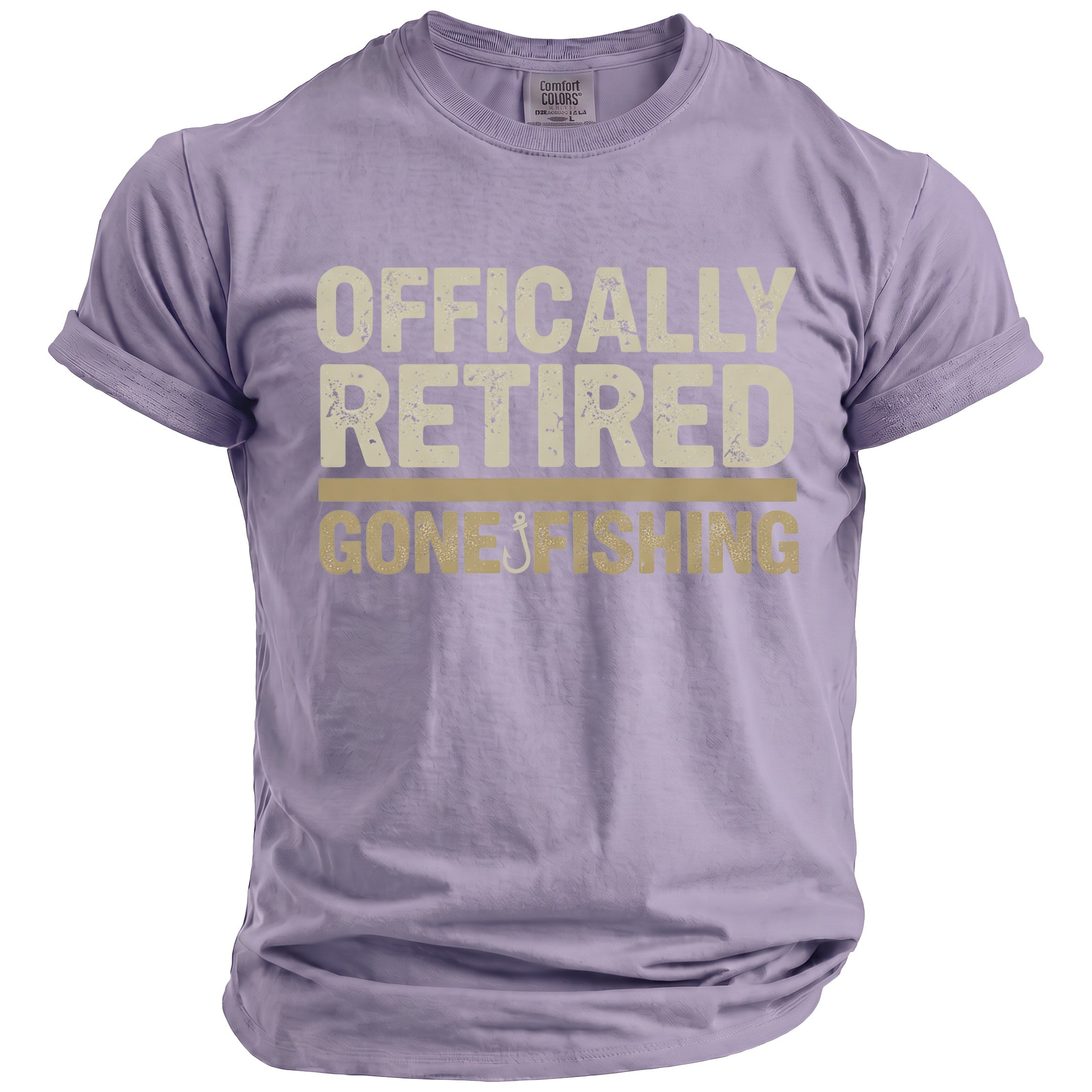 Lavender t-shirt with "OFFICALLY RETIRED GONE FISHING" text and a fishhook.