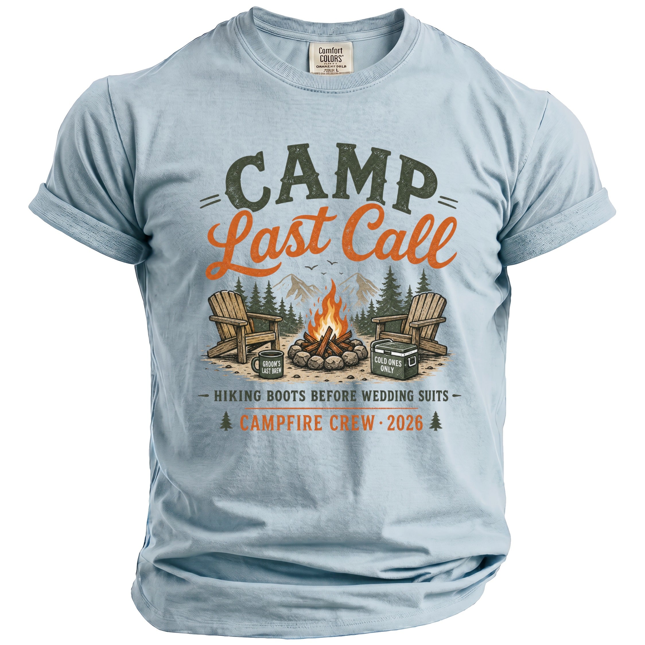 Light blue t-shirt with "CAMP Last Call" graphic and campfire scene.