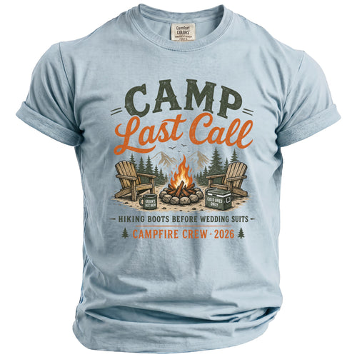 Light blue t-shirt with "CAMP Last Call" graphic and campfire scene.