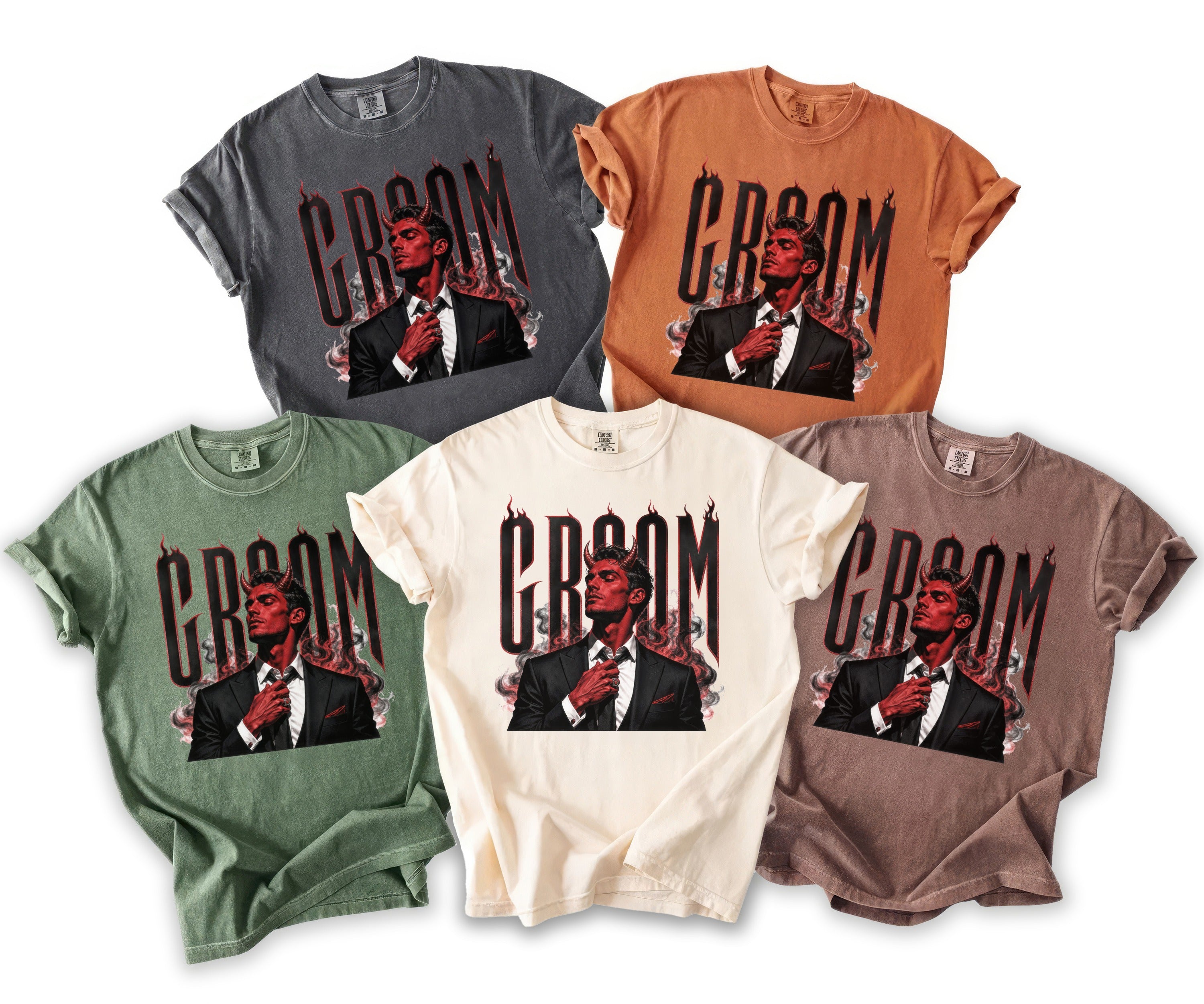 Five t-shirts in various colors, each with a devilish groom graphic and flaming text.