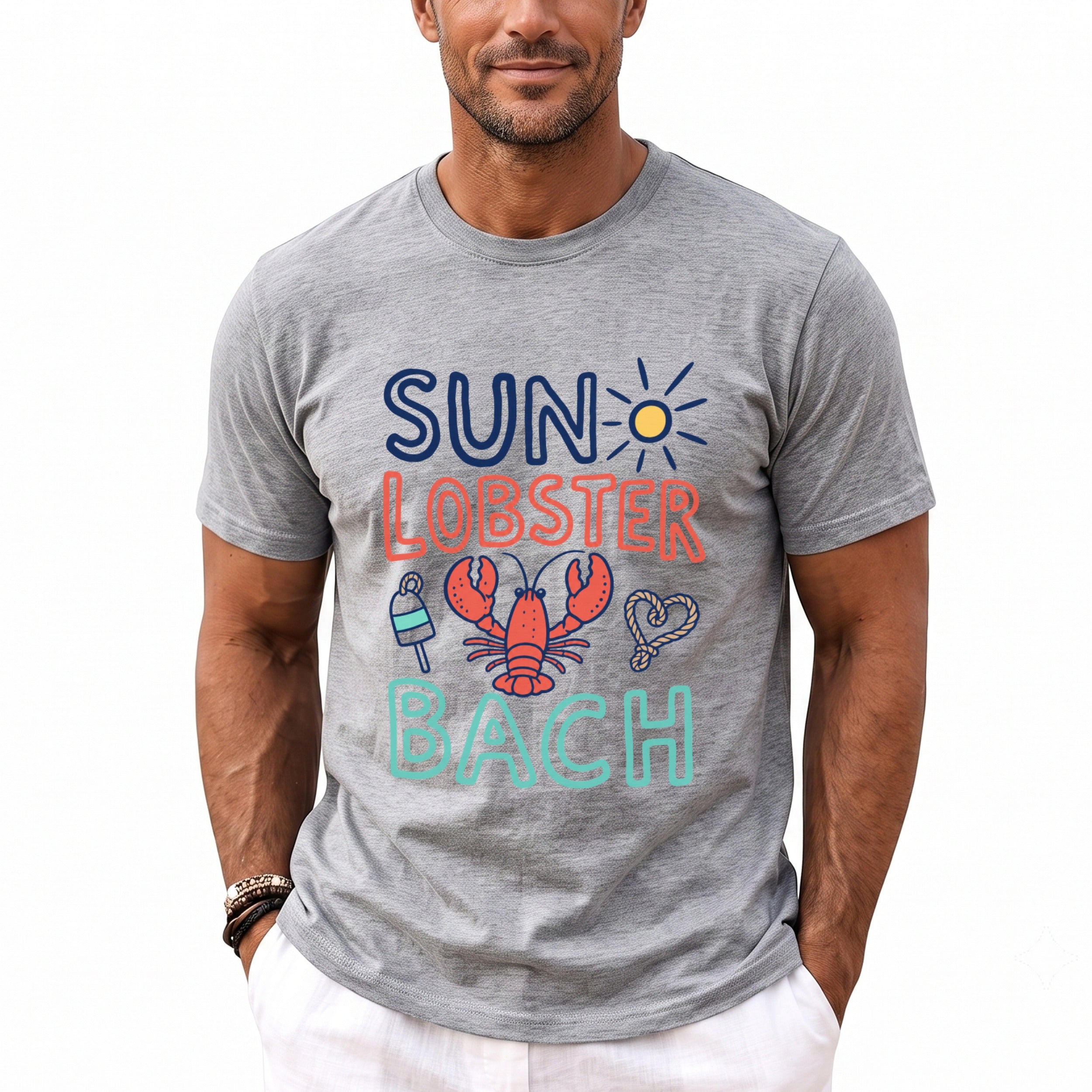 Grey t-shirt with "SUN LOBSTER BACH" graphic, lobster, sun, buoy, and rope heart.