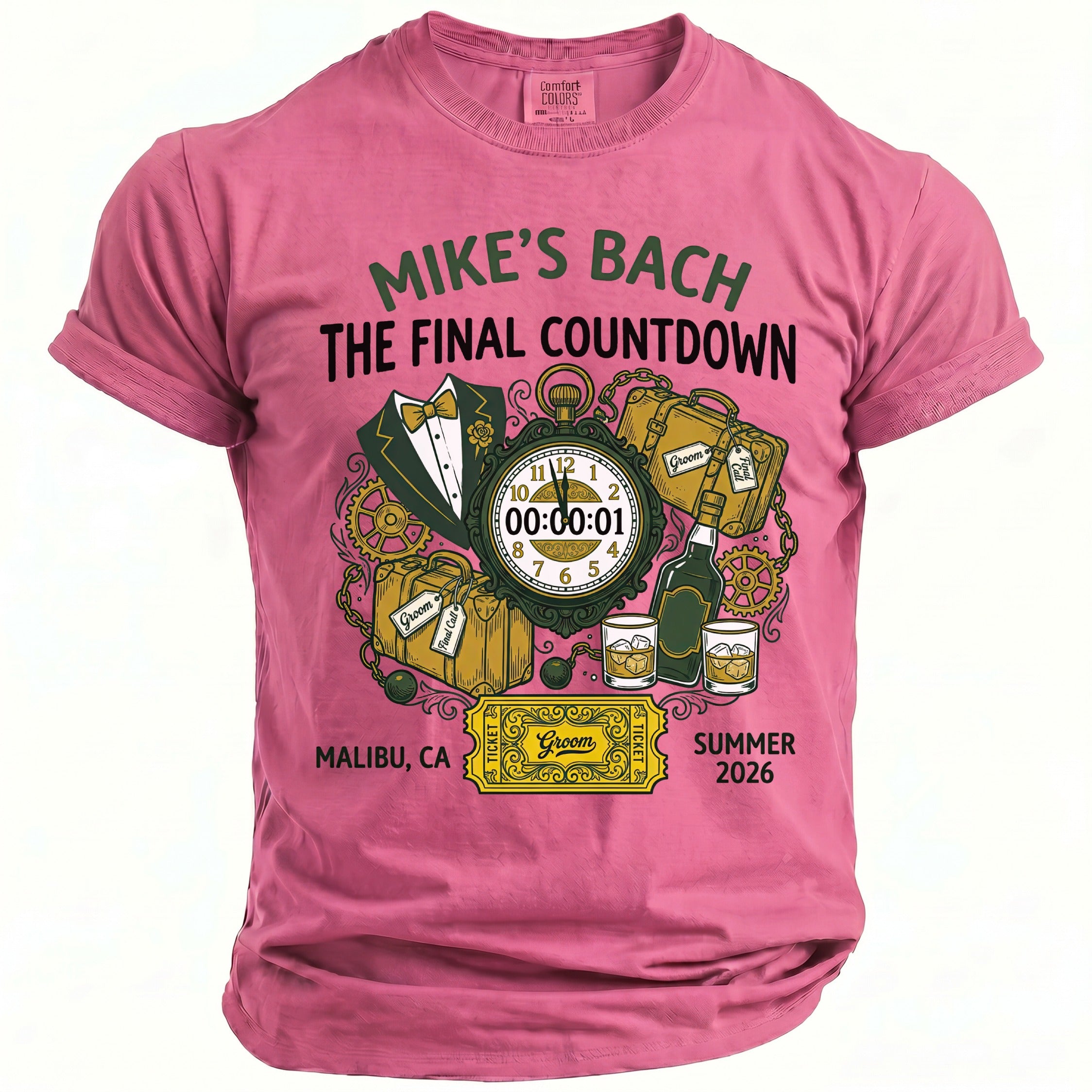Mike's Bach The Final Countdown shirt with a countdown clock, bottles, and suitcases.