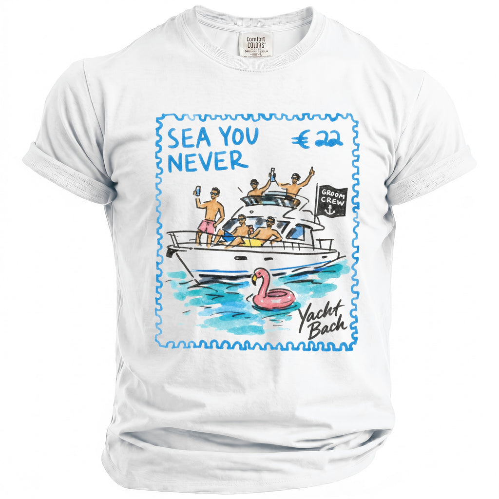 White t-shirt with "Sea You Never" and "Yacht Bach" graphic of men on a boat.