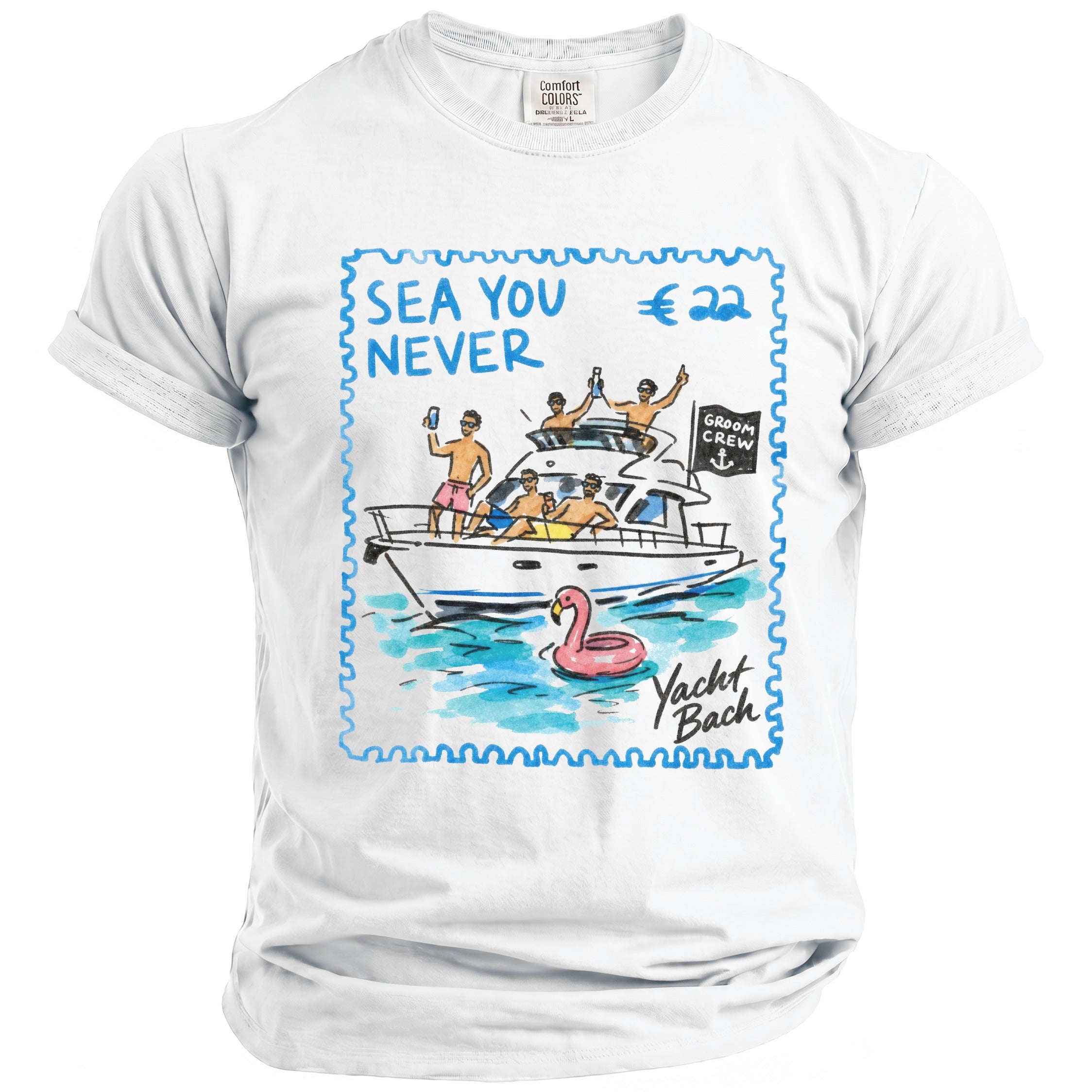 White t-shirt with "Sea You Never" and "Yacht Bach" graphic of men on a boat.