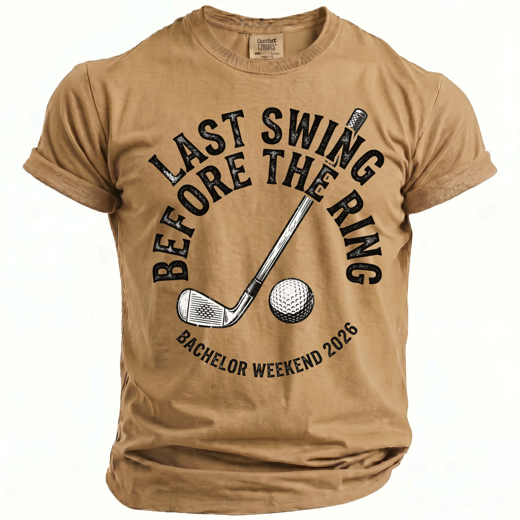 Tan t-shirt with "Last Swing Before The Ring" and golf graphics.