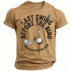 Tan t-shirt with "Last Swing Before The Ring" and golf graphics.