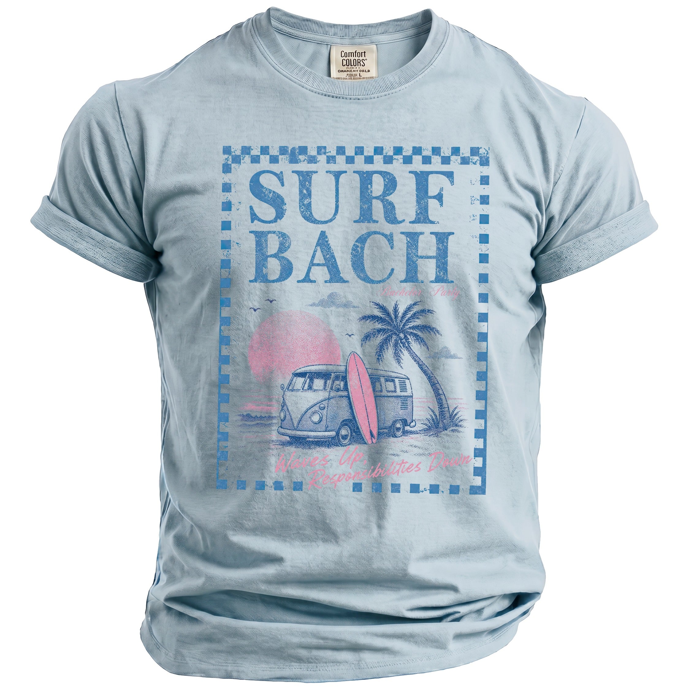 Light blue t-shirt with "SURF BACH" graphic featuring a vintage van, surfboard, and palm tree.