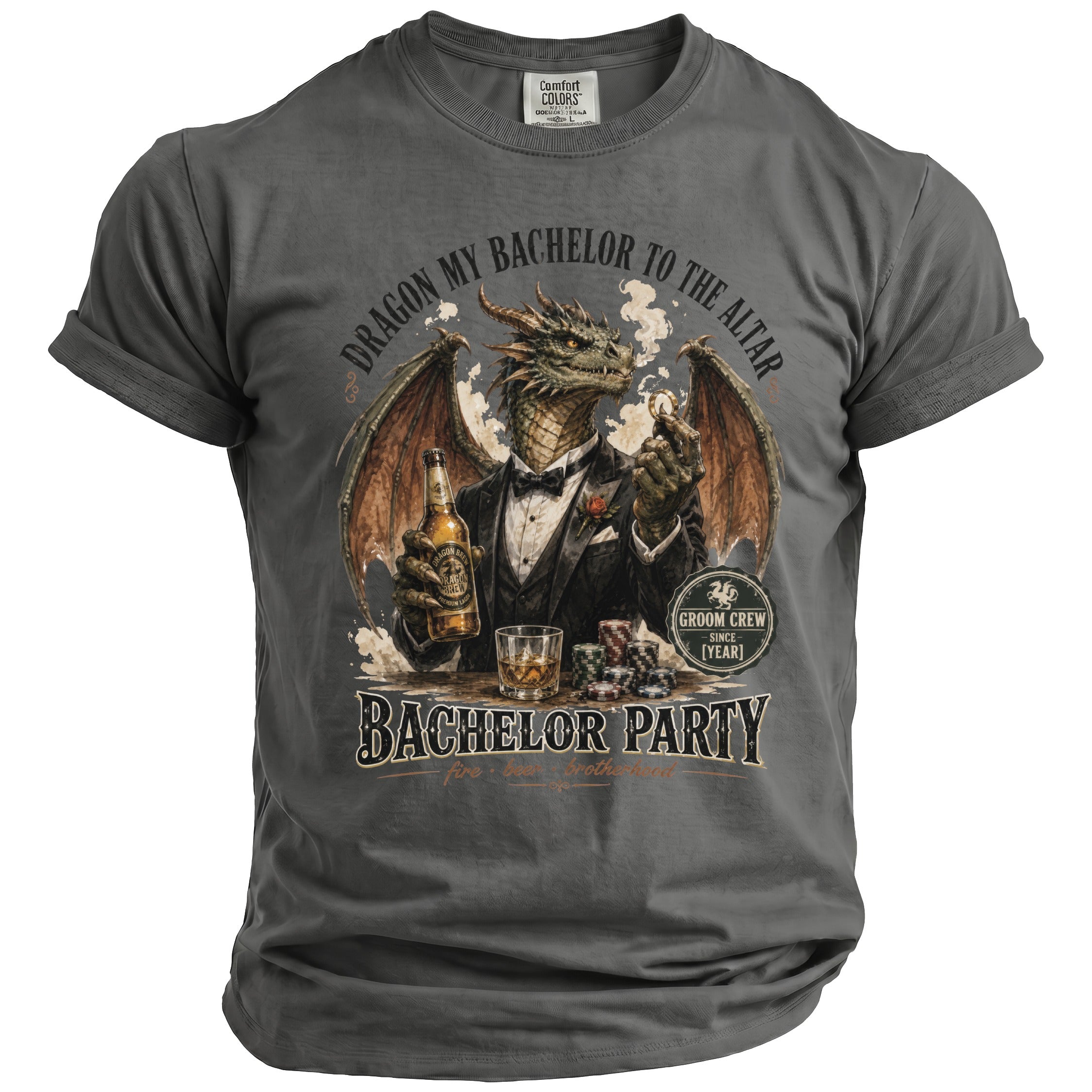 Shirt graphic with dragon in a tuxedo holding beer, glass, and poker chips, saying "Dragon My Bachelor to the Altar".