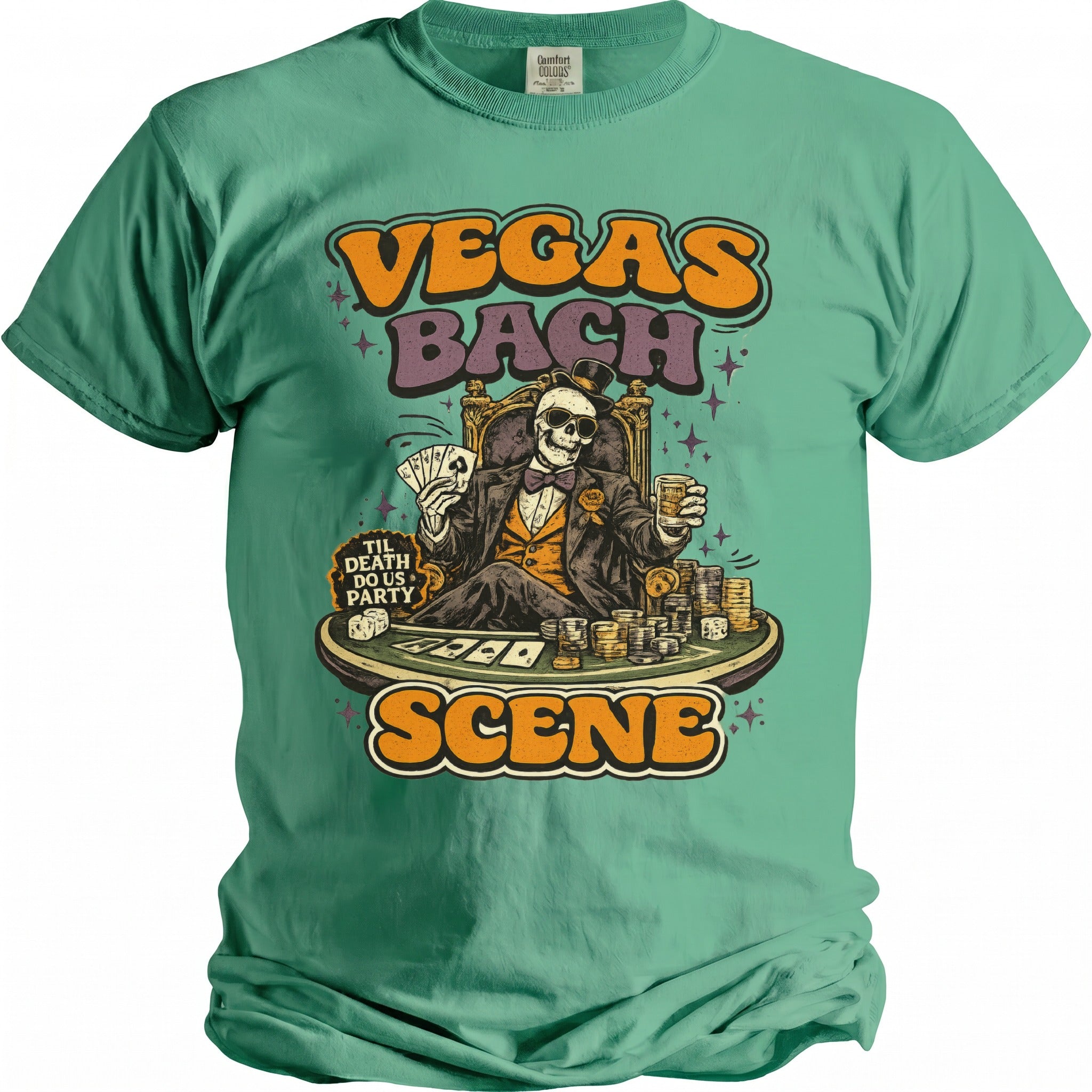 Skeleton playing poker with "Vegas Bach Scene" text and "Til Death Do Us Party" quote.