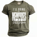 Olive green t-shirt with "I'll Bring The Memories" and a camera graphic.