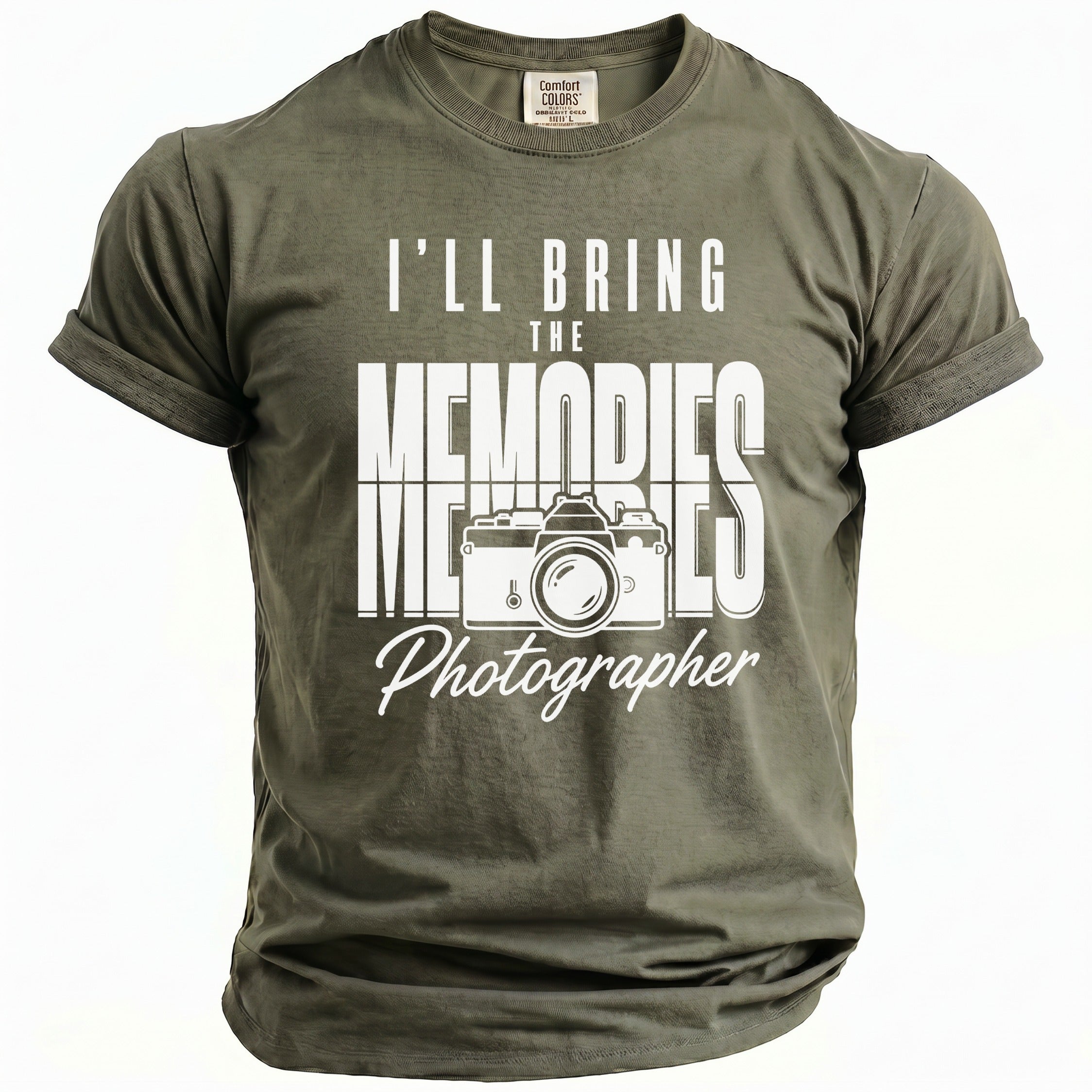 Olive green t-shirt with "I'll Bring The Memories" and a camera graphic.