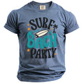 Blue t-shirt with "Surf Bach Party" graphic, surfboard, palm tree, and stars.