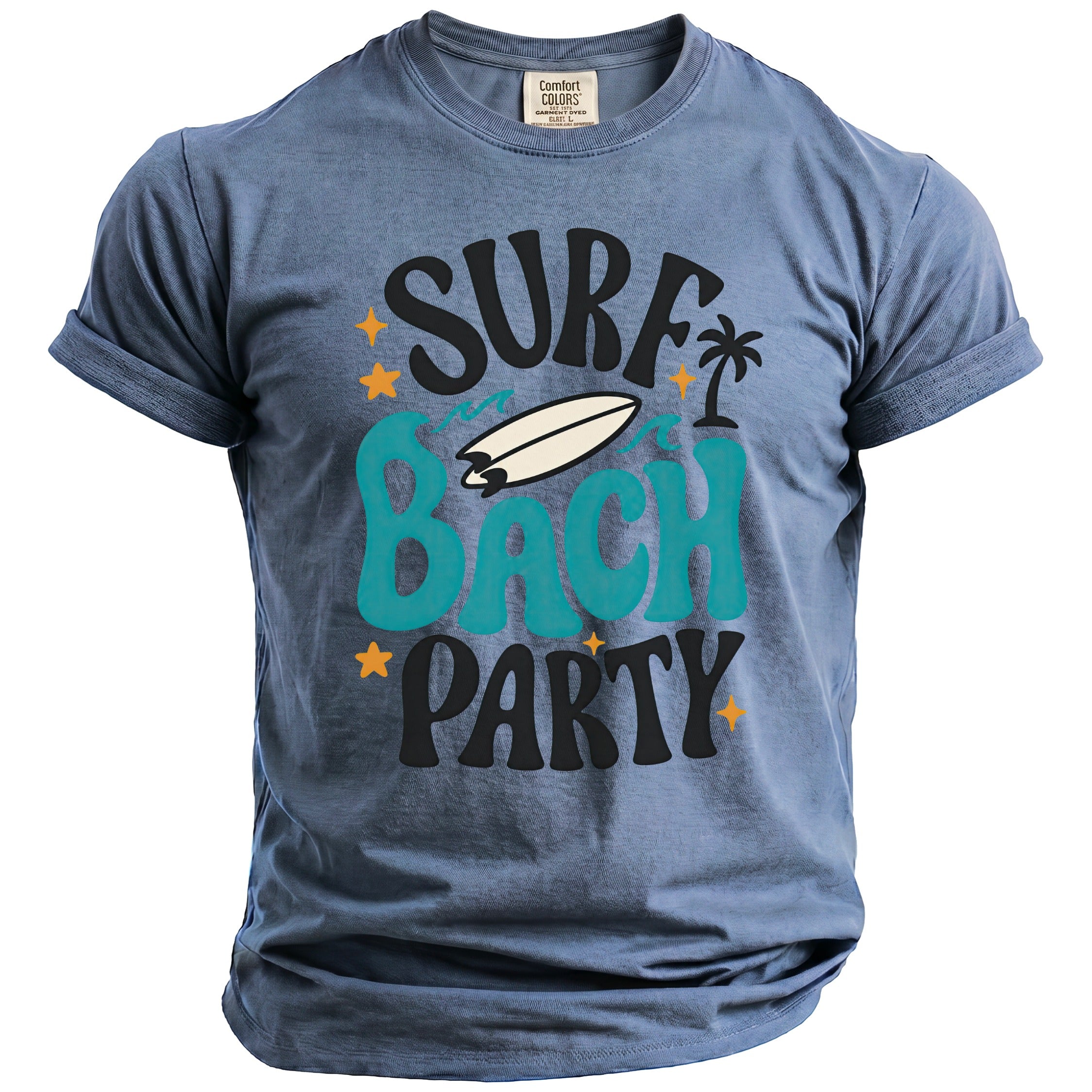 Blue t-shirt with "Surf Bach Party" graphic, surfboard, palm tree, and stars.