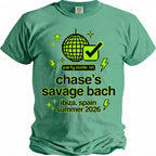 Green t-shirt with pixelated disco ball, checkmark, and text "party mode: on chase's savage bach ibiza, spain summer 2026".