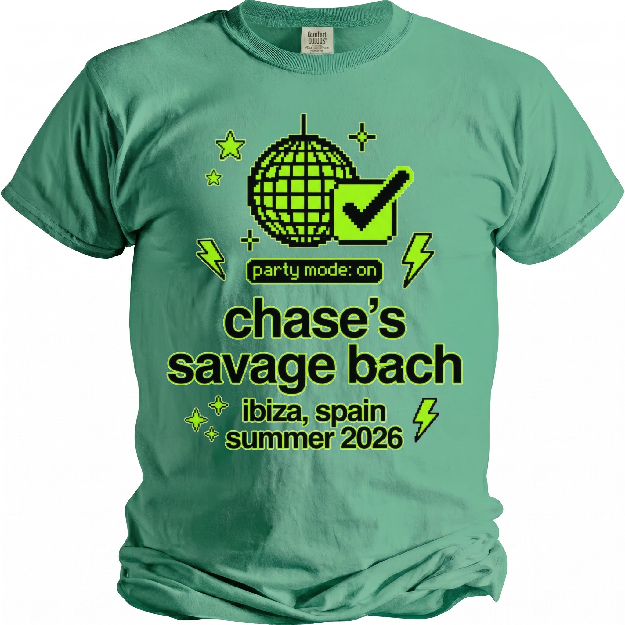 Green t-shirt with pixelated disco ball, checkmark, and text "party mode: on chase's savage bach ibiza, spain summer 2026".