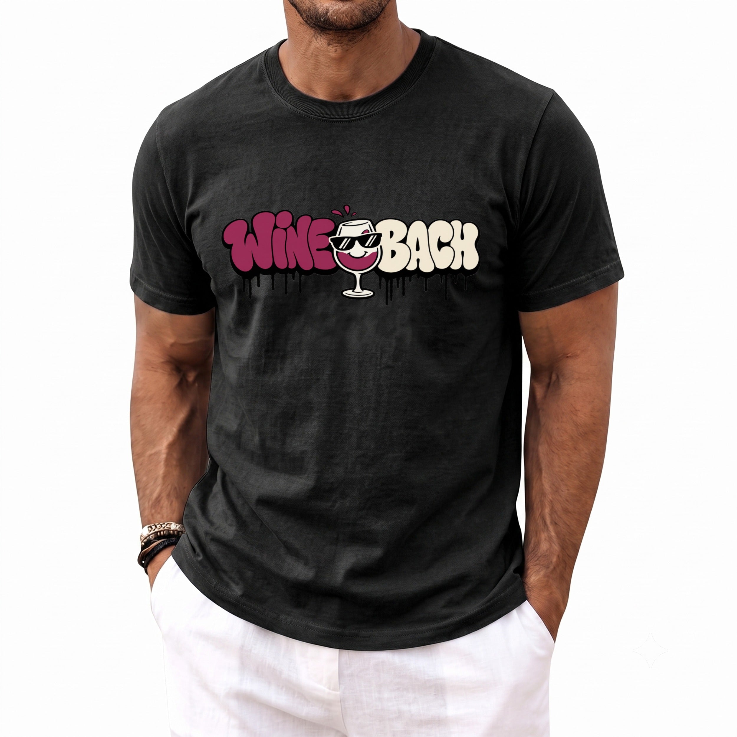 Black t-shirt with "Wine Bach" text and a cartoon wine glass with sunglasses.