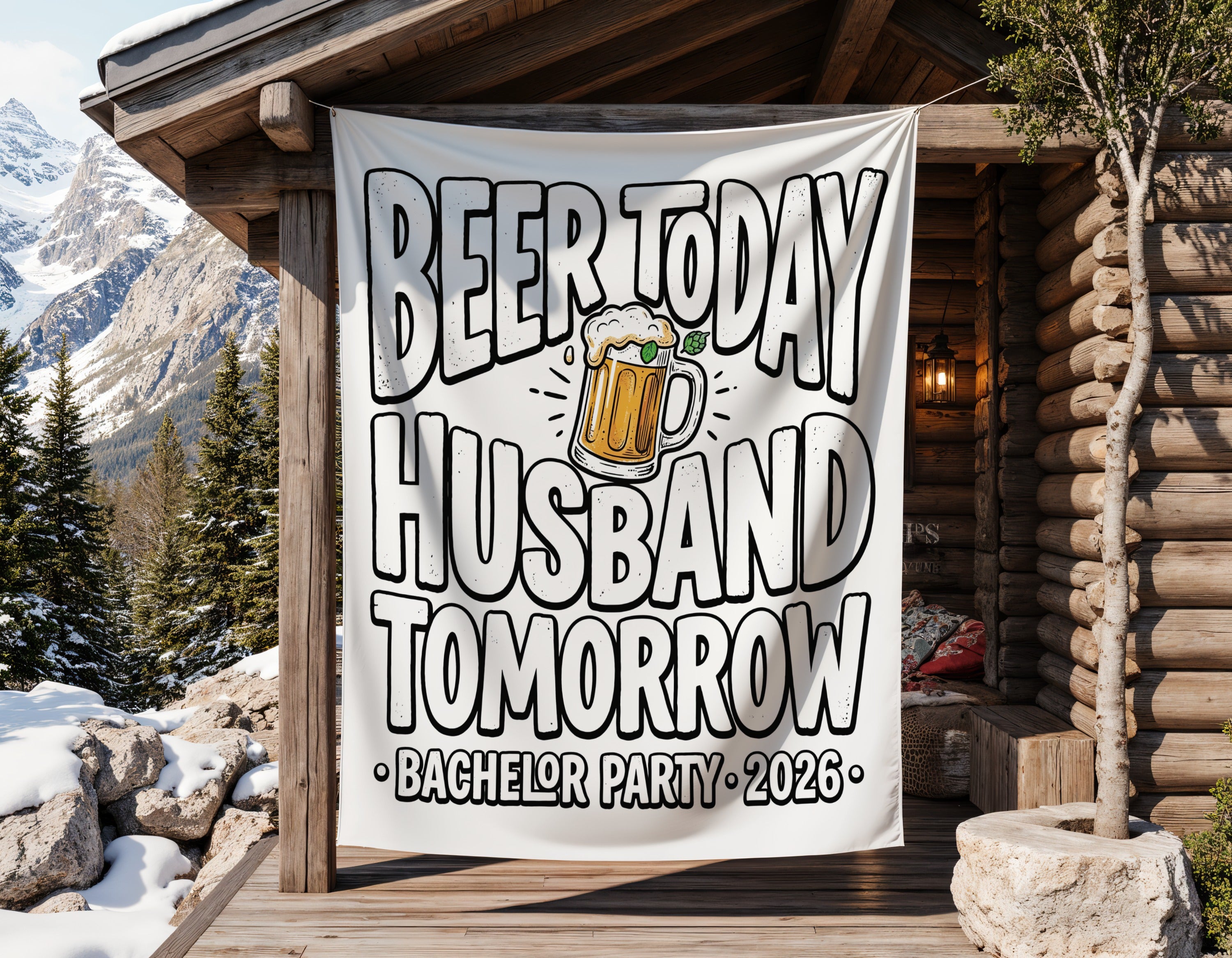 "Beer Today Husband Tomorrow" bachelor party banner with a beer mug illustration and year 2026.