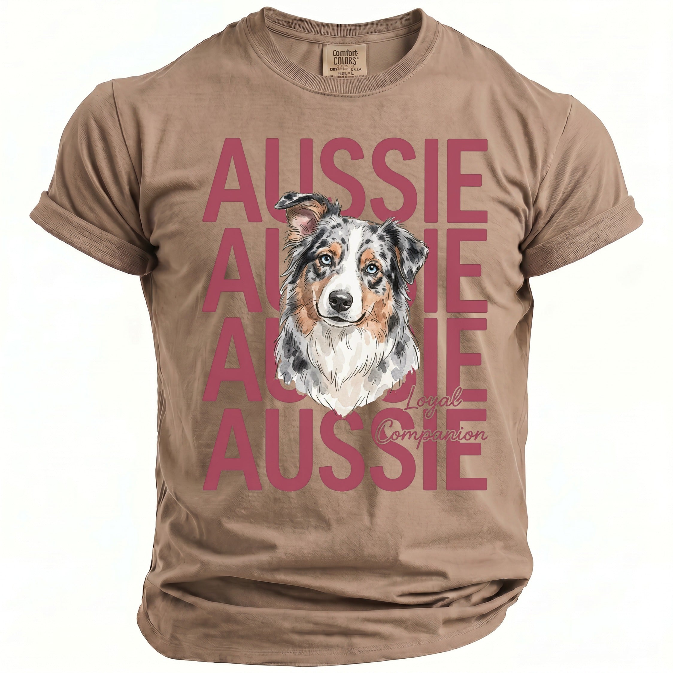 T-shirt with Australian Shepherd dog art and "Aussie Loyal Companion" text.