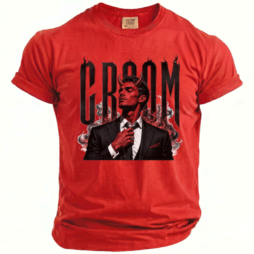Red t-shirt with black graphic of a devil in a suit and the word "GROOM".