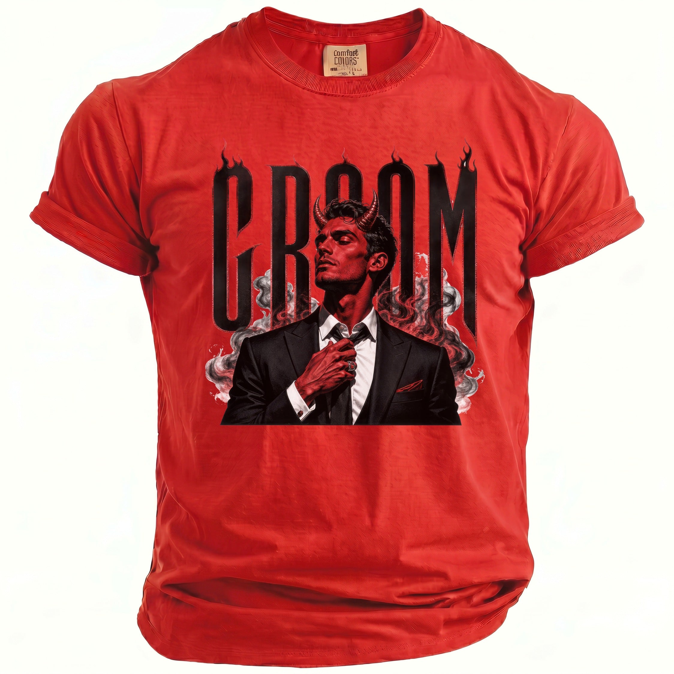 Red t-shirt with black graphic of a devil in a suit and the word "GROOM".