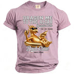 Pink t-shirt with gold dragon graphic and text "Dragon Me To The Altar Bachelor Party Bach Crew".