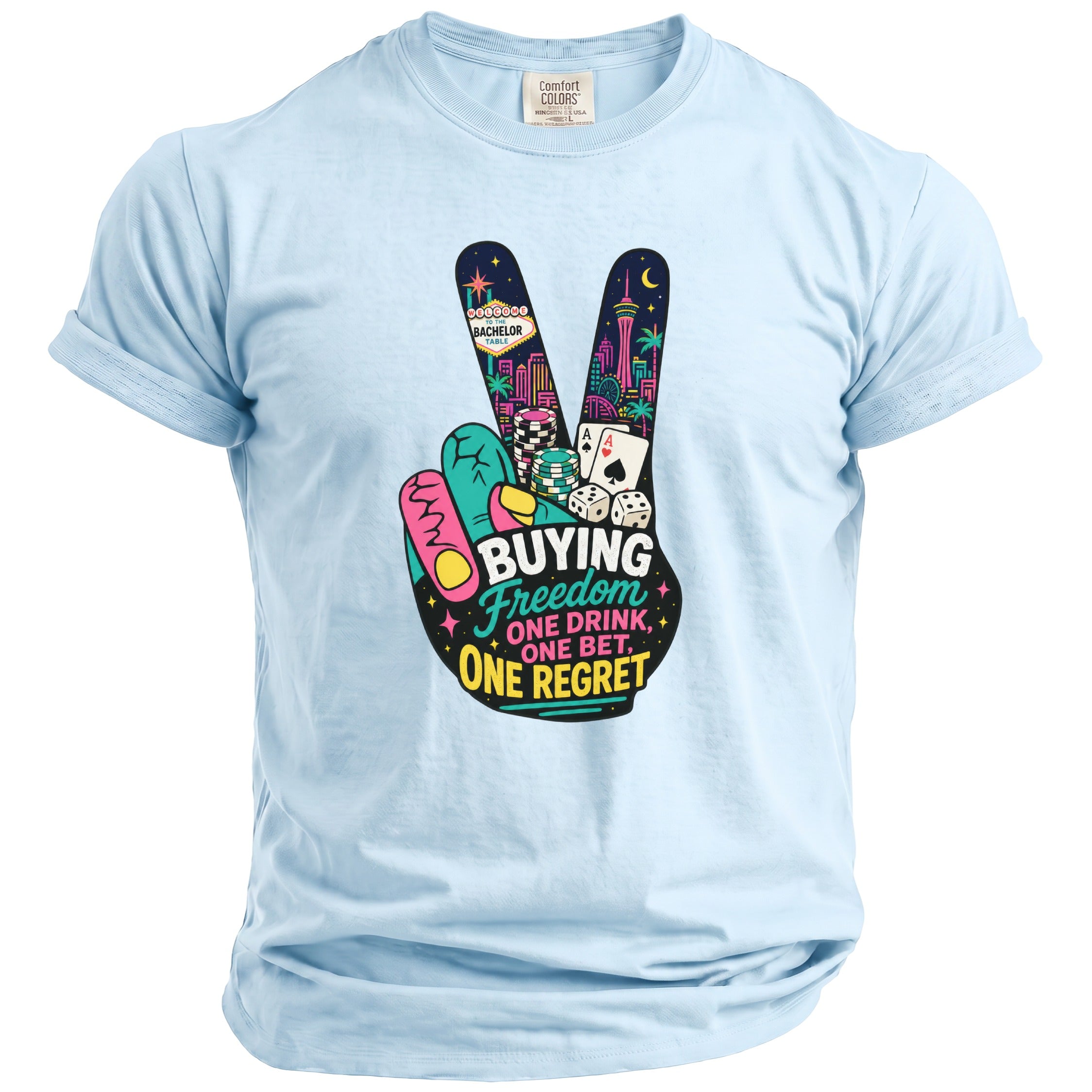 Peace sign graphic with gambling and Vegas imagery, saying "Buying Freedom, One Drink, One Bet, One Regret".