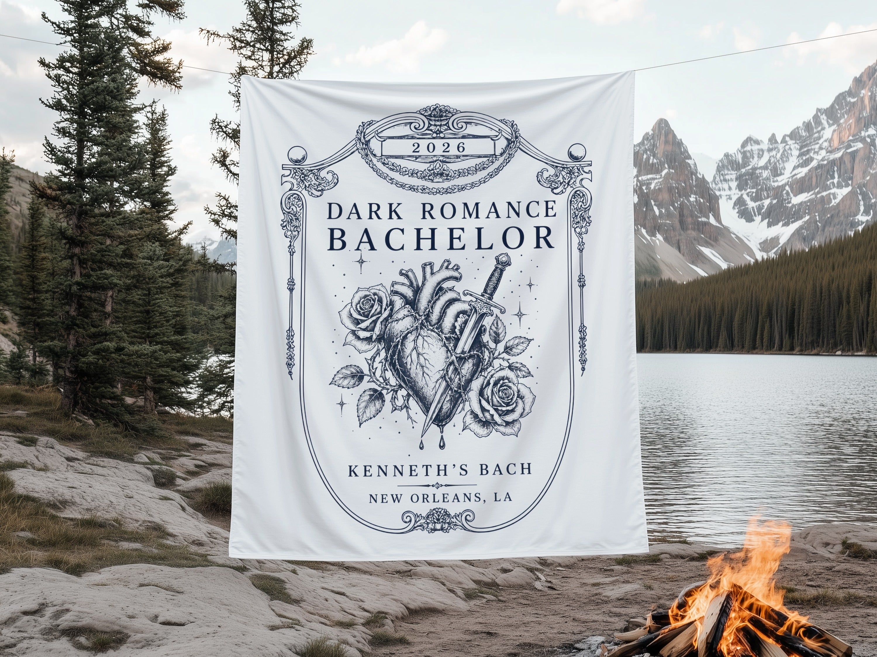 Dark Romance Bachelor 2026 Kenneth's Bach New Orleans, LA banner with heart and sword.