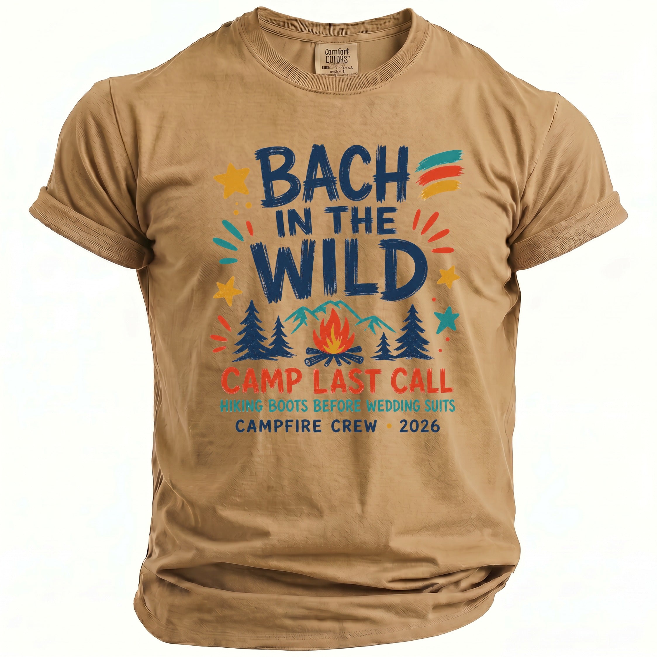 Tan t-shirt with "Bach in the Wild" graphic, campfire, and text.
