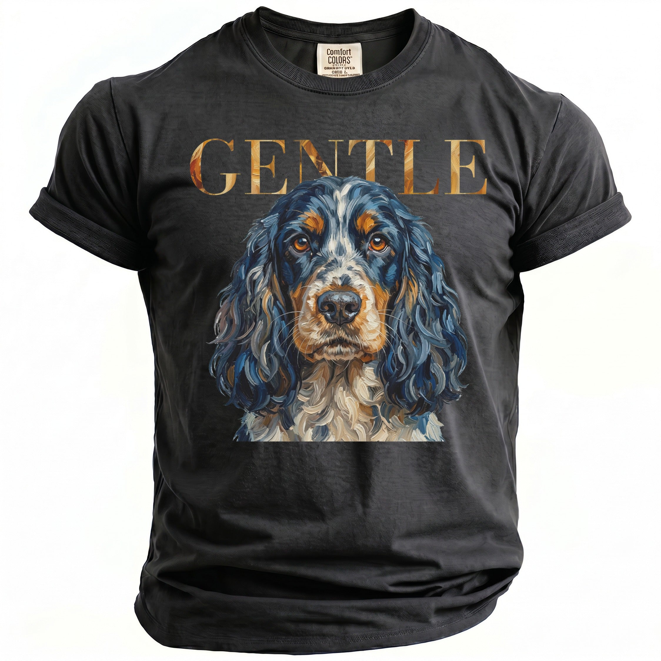 Dark t-shirt with "GENTLE" text above a painted portrait of a dog.