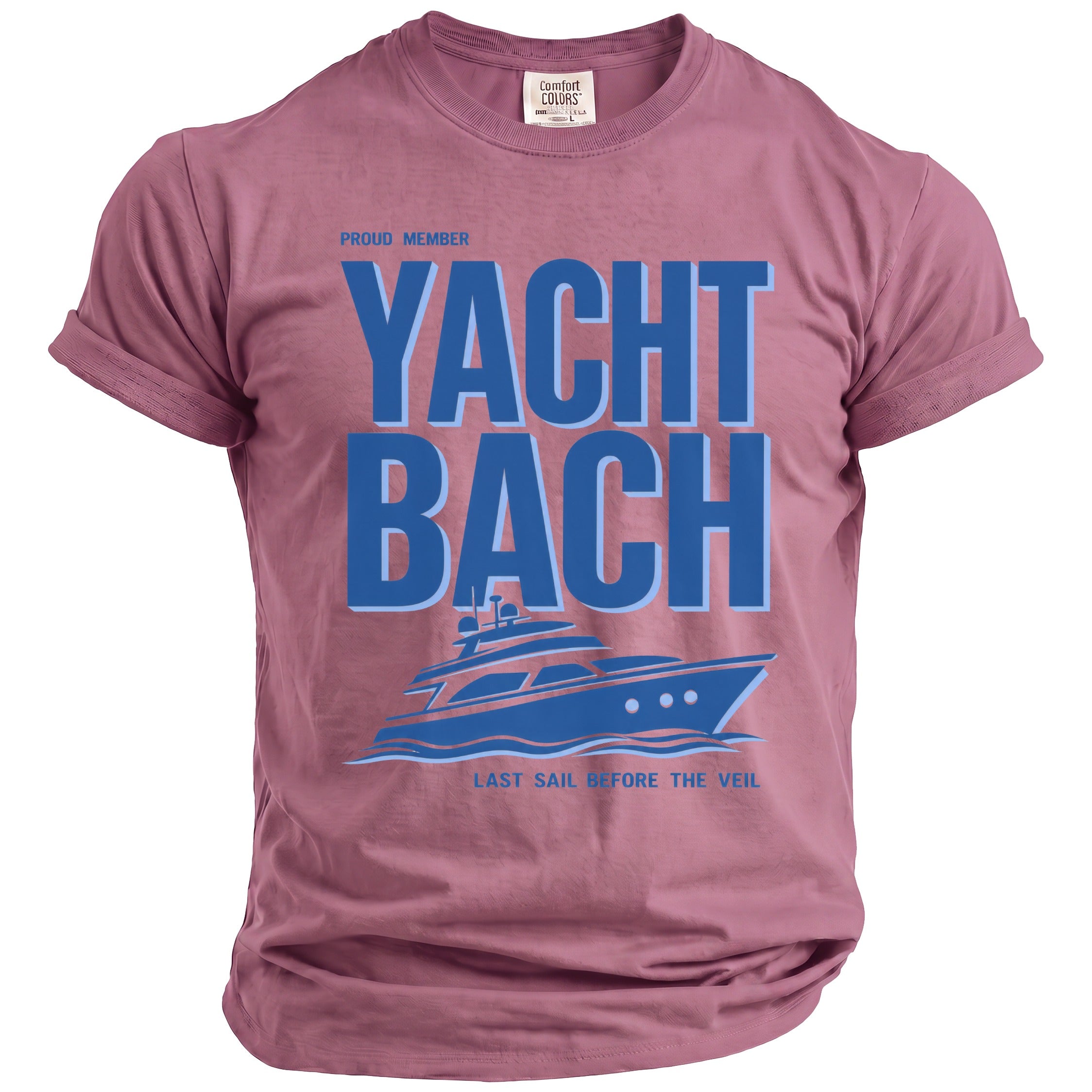 Rose t-shirt with "Proud Member Yacht Bach" and a blue yacht graphic.