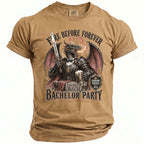 Brown t-shirt with dragon graphic, sword, beer, and "Bachelor Party" text.