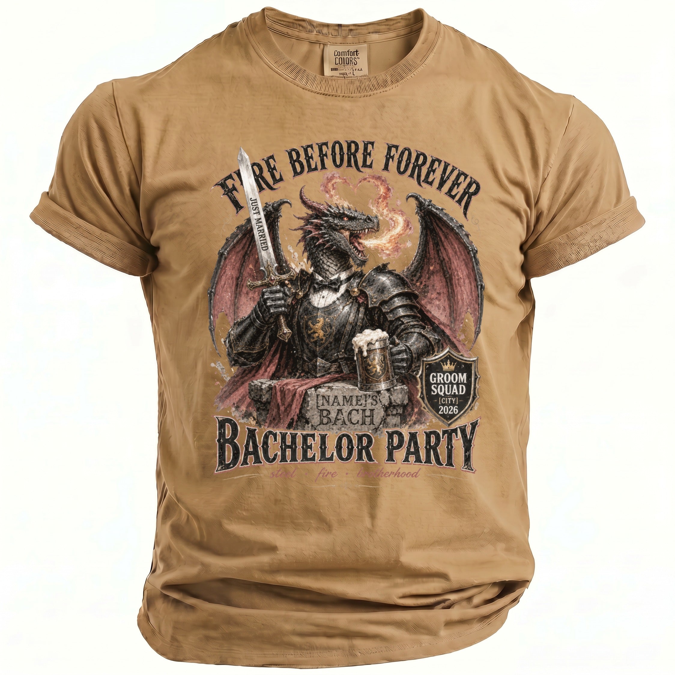 Brown t-shirt with dragon graphic, sword, beer, and "Bachelor Party" text.