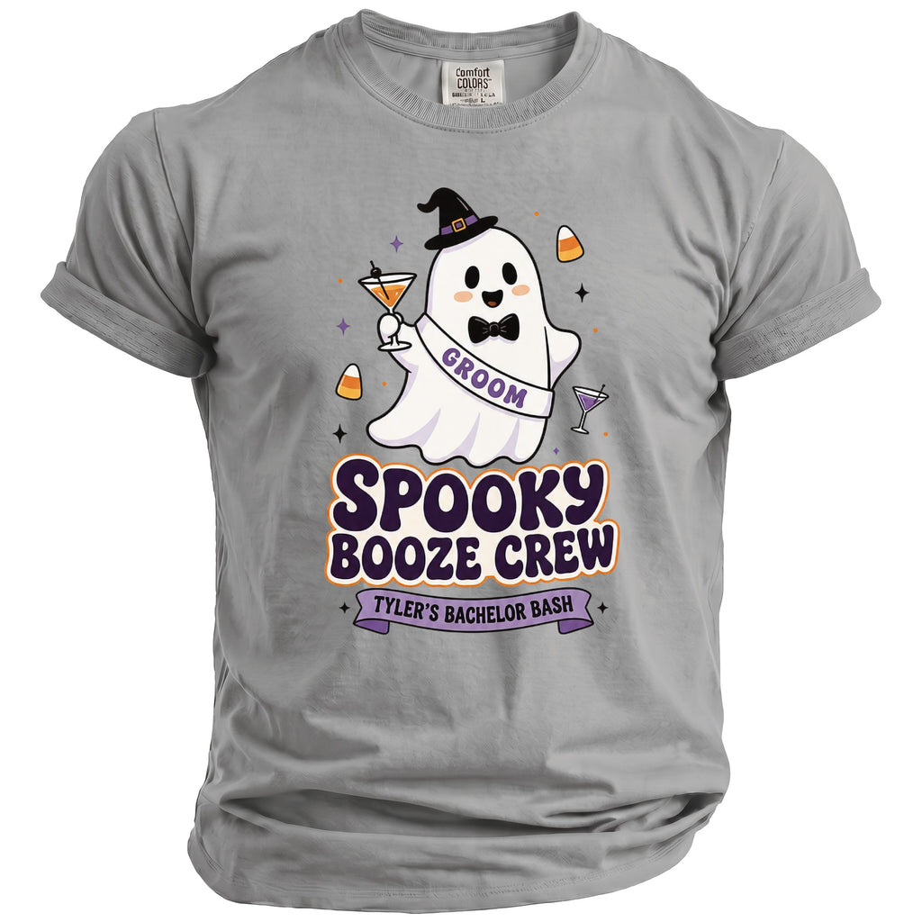 Ghost groom graphic on gray t-shirt reads "Spooky Booze Crew Tyler's Bachelor Bash".