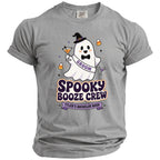Ghost groom graphic on gray t-shirt reads "Spooky Booze Crew Tyler's Bachelor Bash".