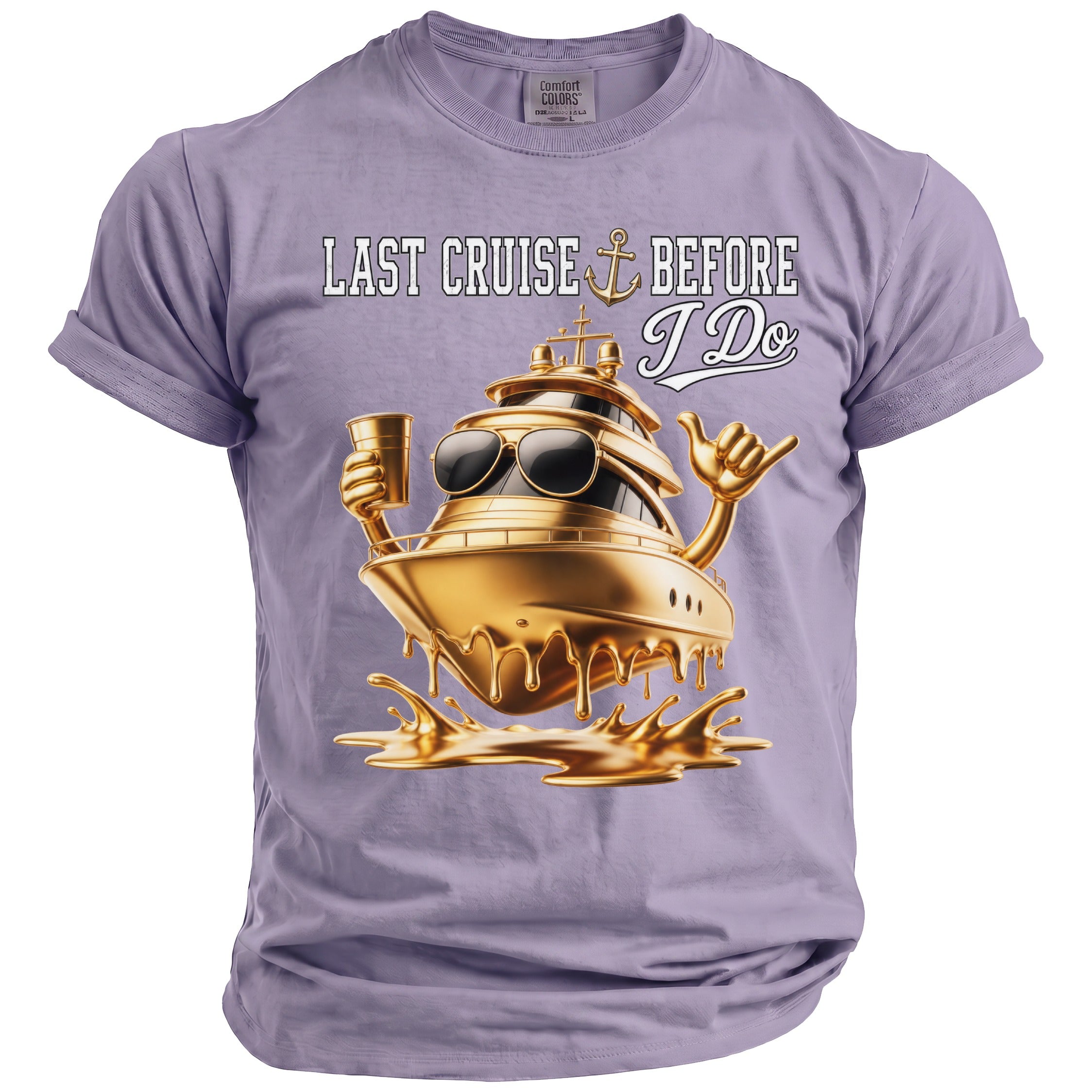 T-shirt with "Last Cruise Before I Do" text and gold yacht graphic.