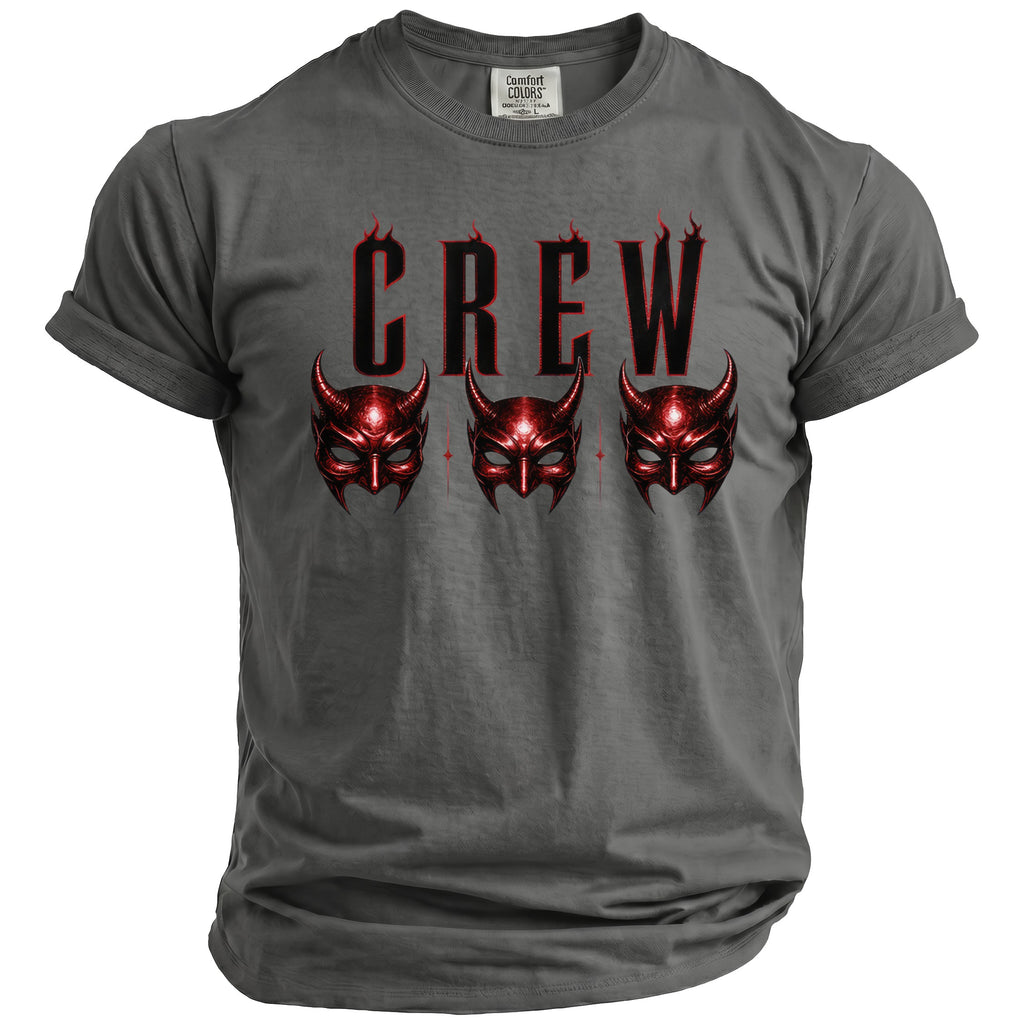 Gray t-shirt with red fiery "CREW" text and three red demon masks.