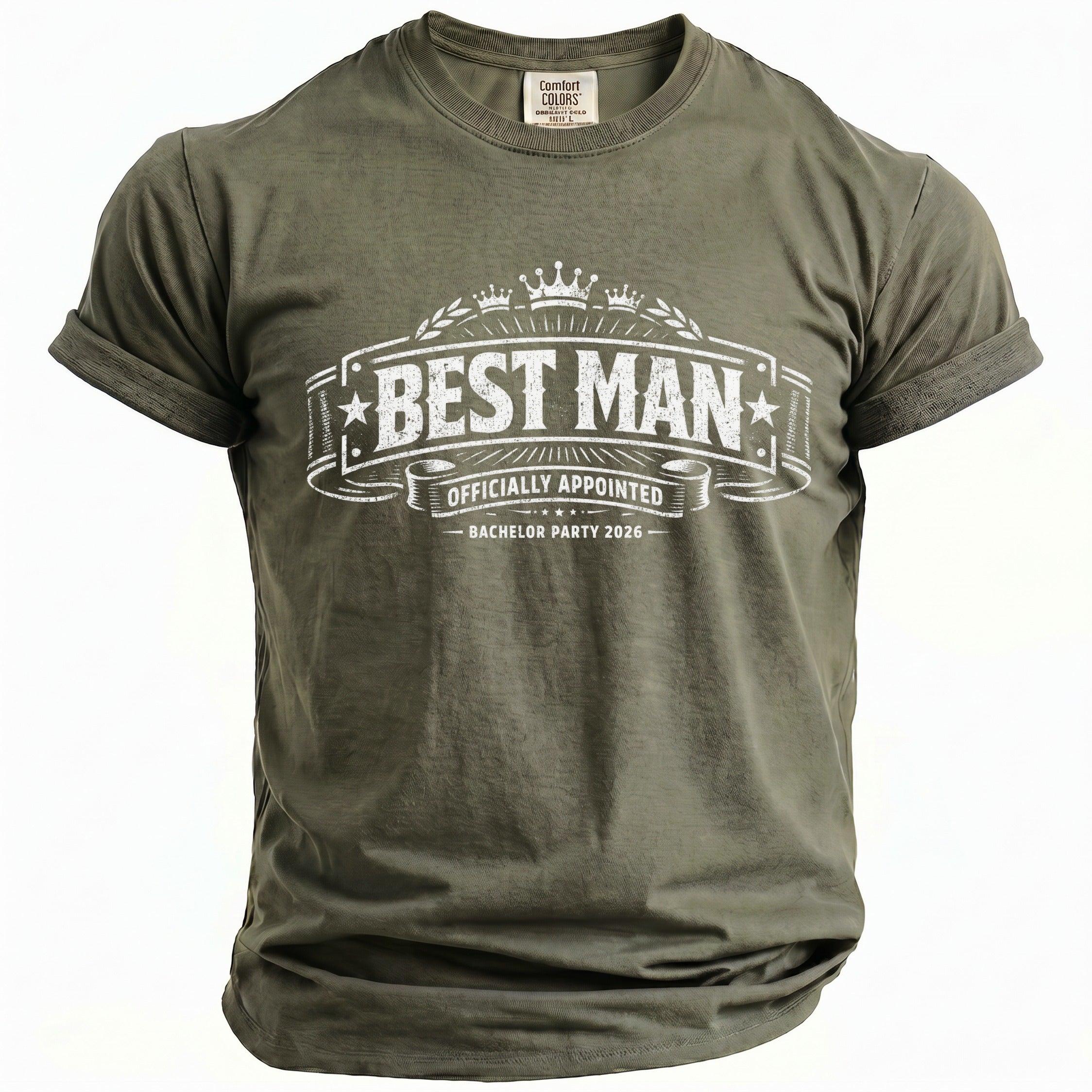 Olive green t-shirt with "BEST MAN OFFICIALLY APPOINTED BACHELOR PARTY 2026" text.
