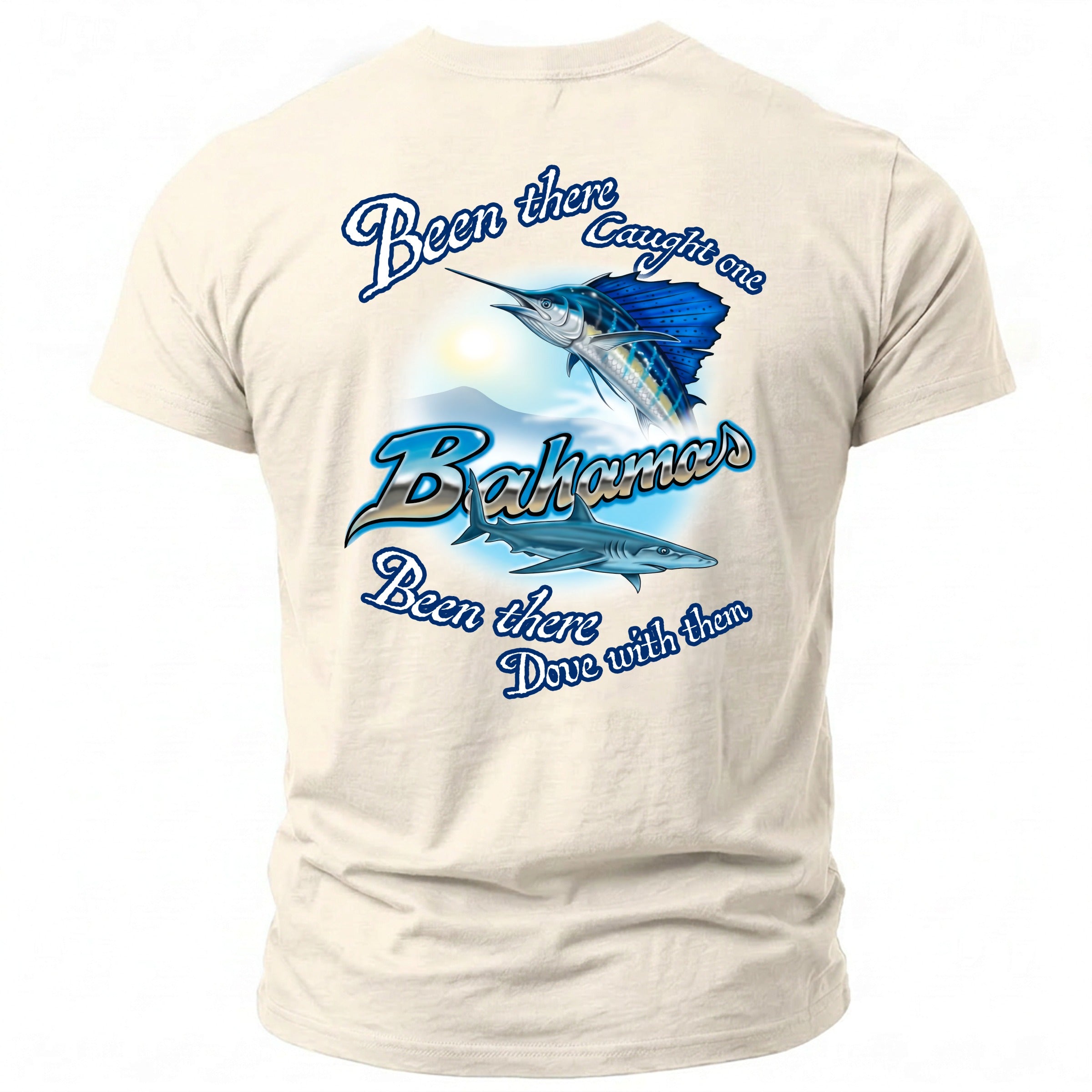 T-shirt with blue text "Been there Caught one Bahamas Dove with them" and fish graphics.