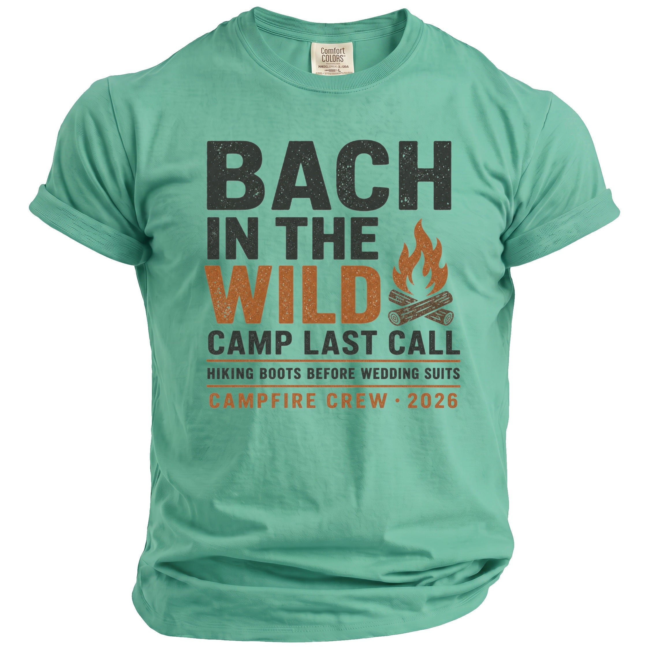 Green t-shirt with "BACH IN THE WILD CAMP LAST CALL" text and campfire graphic.