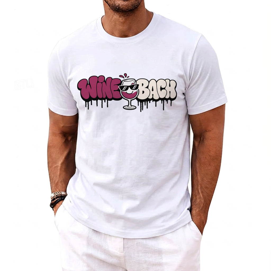 White t-shirt with "WINE BACK" text and a wine glass graphic.