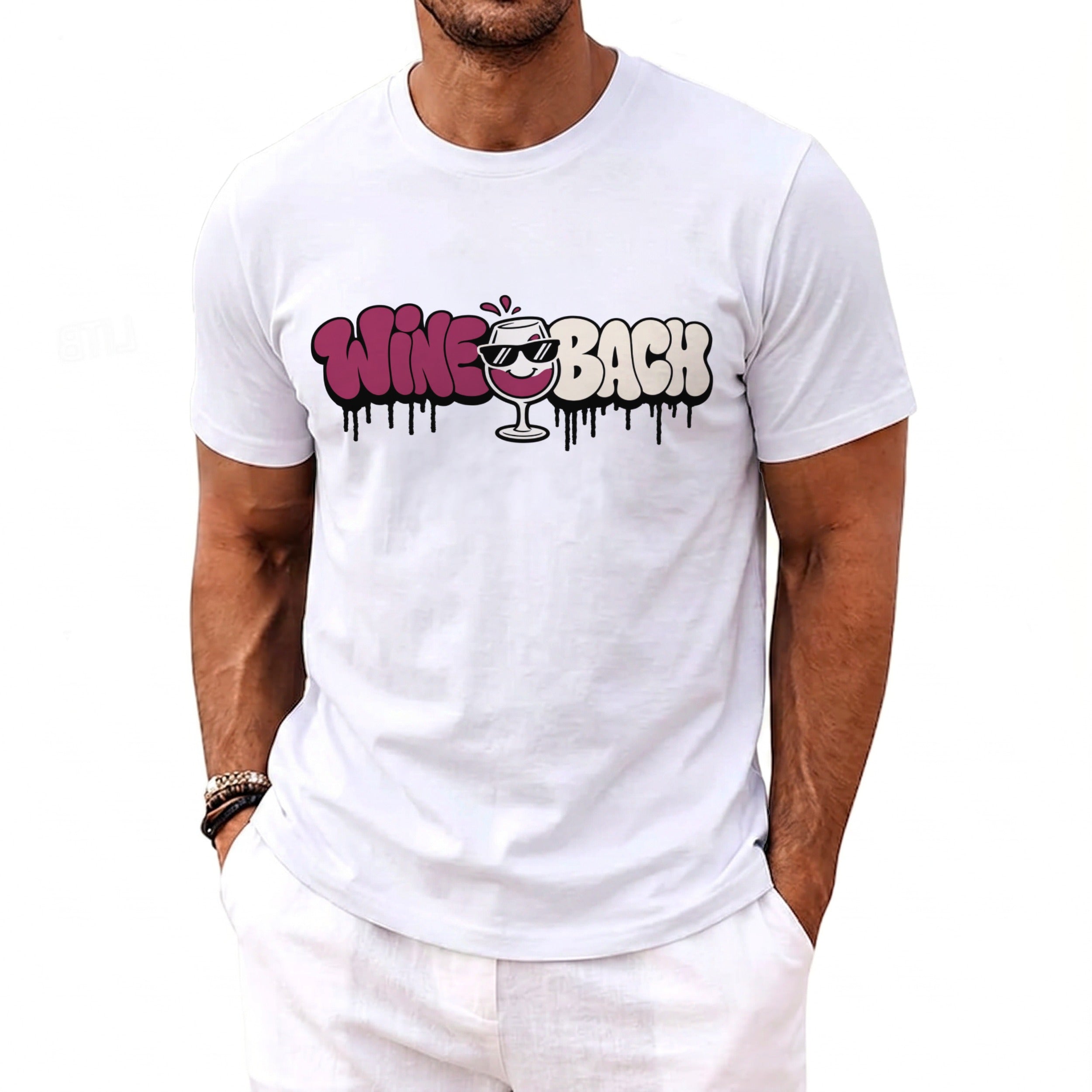 White t-shirt with "WINE BACK" text and a wine glass graphic.